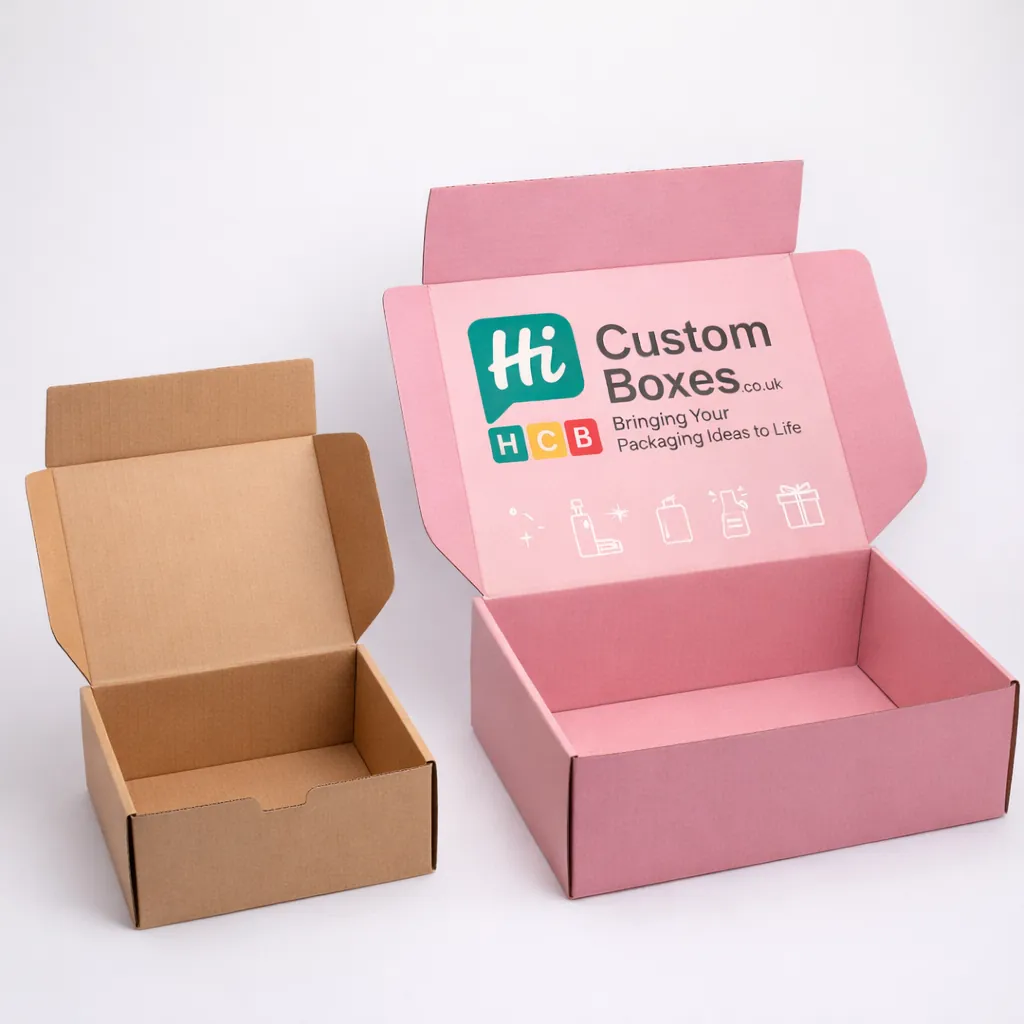 Two open mailing boxes, a small brown kraft box and a larger pink branded box. class=